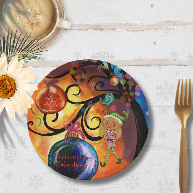 Prato De Papel Whimsical Pink Elf & Christmas Tree Baby Shower  (Whimsical Pink Elf & Christmas Tree Baby Shower Paper Plates)
