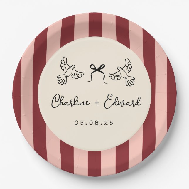 Prato De Papel Whimsical Red and Blush Pink Striped Wedding  (Frente)