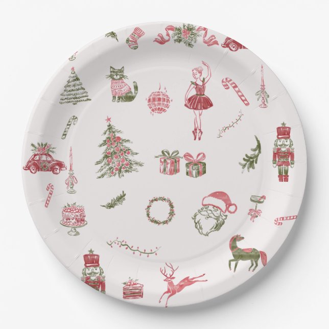 Prato De Papel Whimsical Red Christmas Baby Shower Paper Plates (Frente)