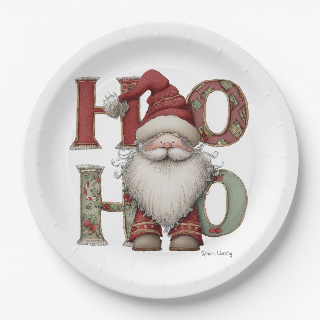 Prato De Papel Whimsical Santa HO HO HO Paper Plates (Frente)