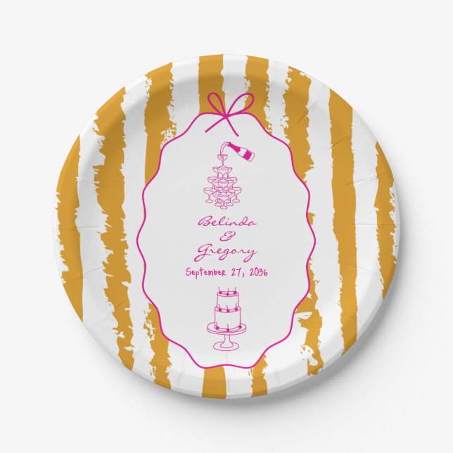 Prato De Papel Whimsical Stripes Handwritten Painted Wedding  (Frente)