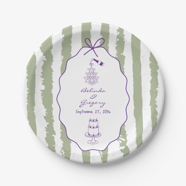 Prato De Papel Whimsical Stripes Handwritten Painted Wedding  (Frente)
