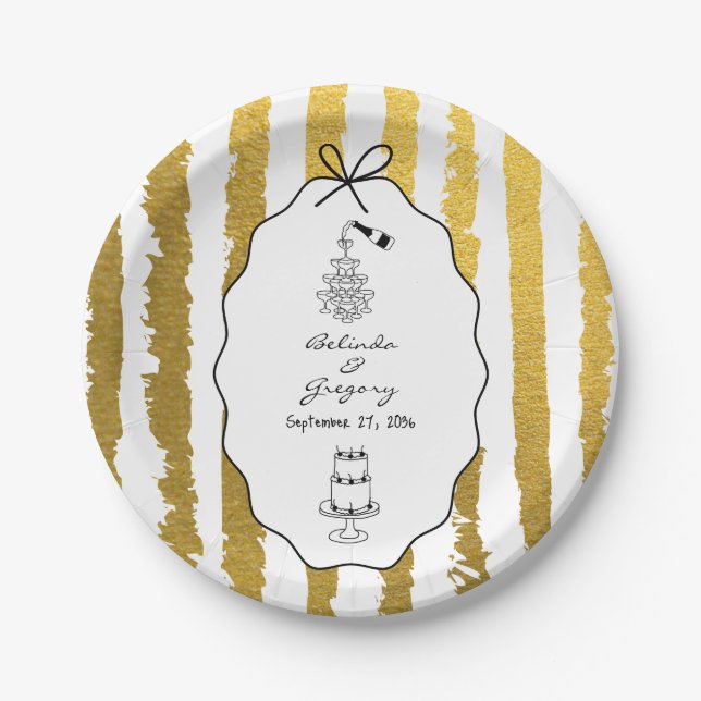 Prato De Papel Whimsical Stripes Handwritten Painted Wedding  (Frente)