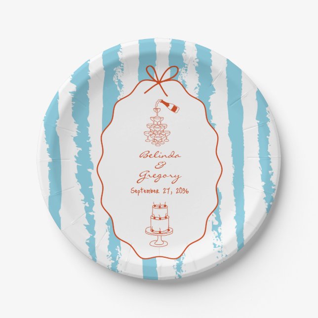 Prato De Papel Whimsical Stripes Handwritten Painted Wedding  (Frente)
