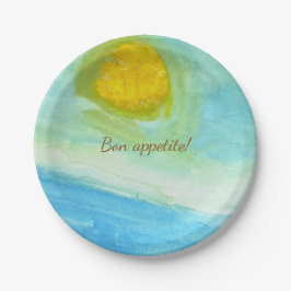 Prato De Papel Whimsical Sun Watercolor "Bon Appetit" Paper Plate