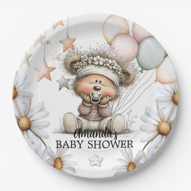 Prato De Papel Whimsical Teddy Bear Baby Shower (Frente)