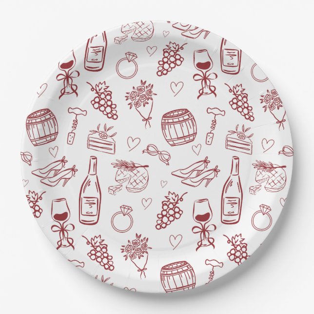 Prato De Papel Whimsical Vino Before Vows Burgundy Bridal Shower (Frente)