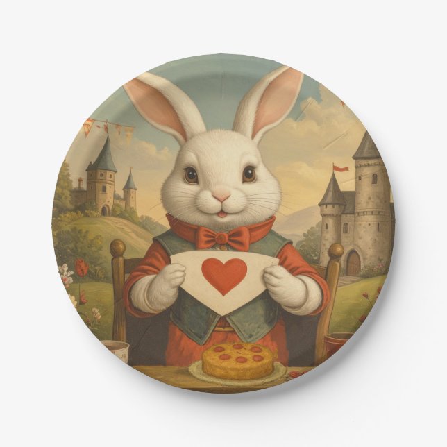 Prato De Papel Whimsical White Rabbit Hearts Enchanted Wonderland (Frente)