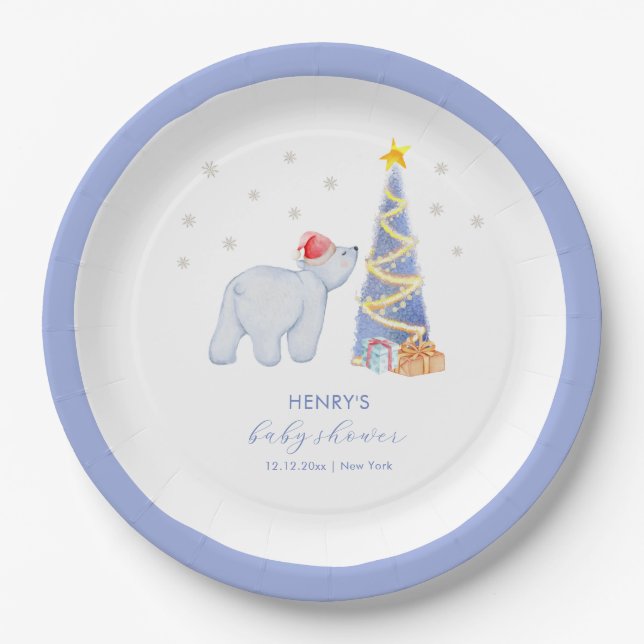 Prato De Papel Whimsical Winter Santa Polar Bear Baby Shower  (Frente)
