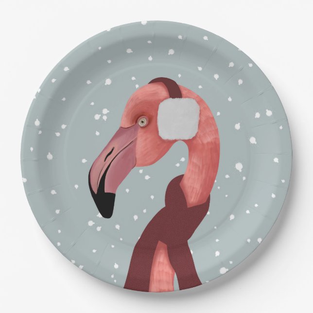 Prato De Papel Whimsso Cozy Winter Flamingo Com Scarf (Frente)
