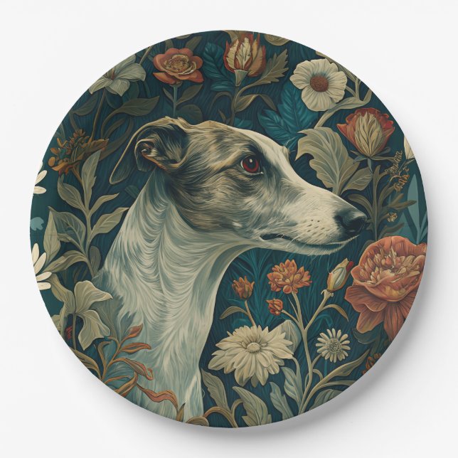 Prato De Papel Whippet Brindle e Branco Estilo William Morris (Frente)