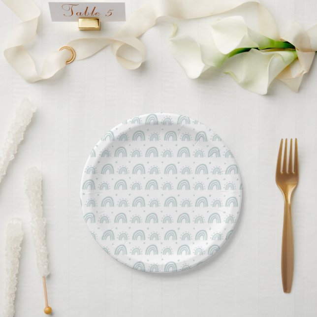 Prato De Papel White And Blue Rainbow Babyshower New Baby Plate (Casamento)