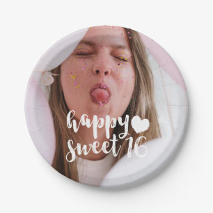 Prato De Papel White Brush Script Happy Sweet 16 Photo