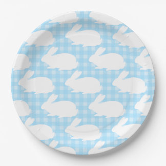 Prato De Papel White Bunnies on Pastel Blue Gingham Pattern