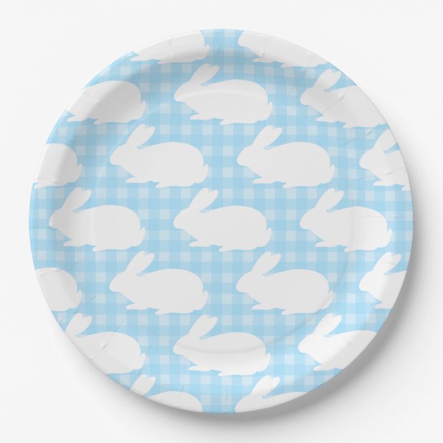 Prato De Papel White Bunnies on Pastel Blue Gingham Pattern (Frente)
