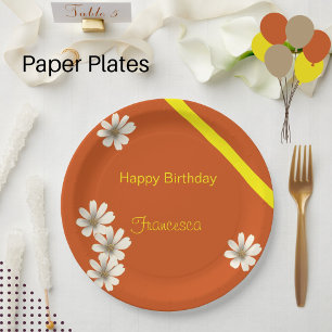 Prato De Papel White Floral com aniversário de fundo laranja