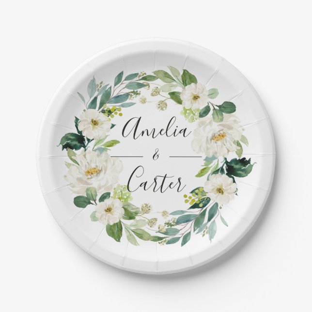 Prato De Papel White Floral Wreath Wedket Paper Plate (Frente)