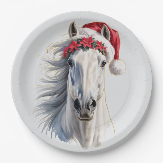 Prato De Papel White Horse Christmas Paper Plate (Frente)