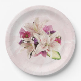 Prato De Papel White Lily Floral Cor-de-rosa Mármore Plate