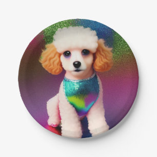 Prato De Papel White Poodle com Creme Ears no Rainbow Sparkle