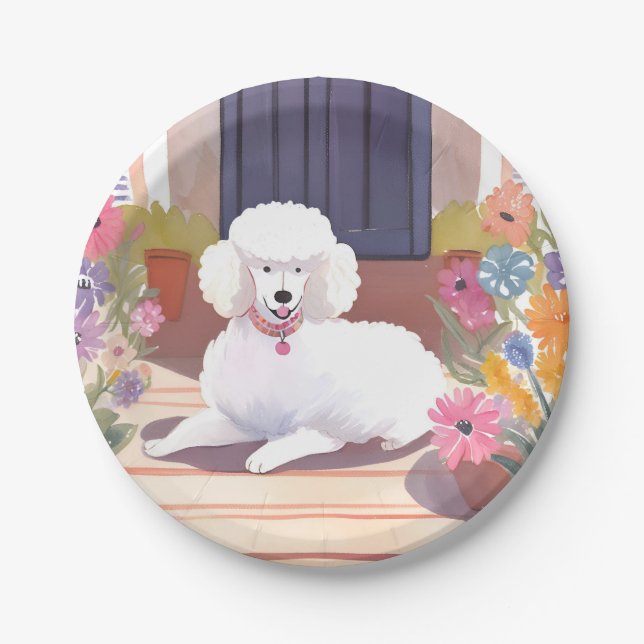 Prato De Papel White Poodle | Dog Pet Watercolor Flowers (Frente)