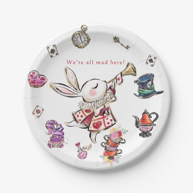 Prato De Papel White Rabbit Mad Hatter Tea Party Birthday  (Frente)