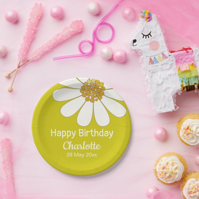 Prato De Papel White Retro Modern Daisy Flower Personalizado Aniv (Festa)