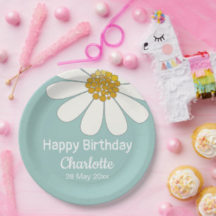 Prato De Papel White Retro Modern Daisy Flower Personalizado Aniv