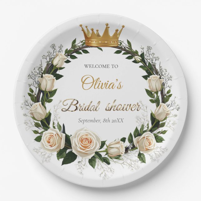 Prato De Papel White Roses & Baby’s Breath Bridal Shower (Frente)