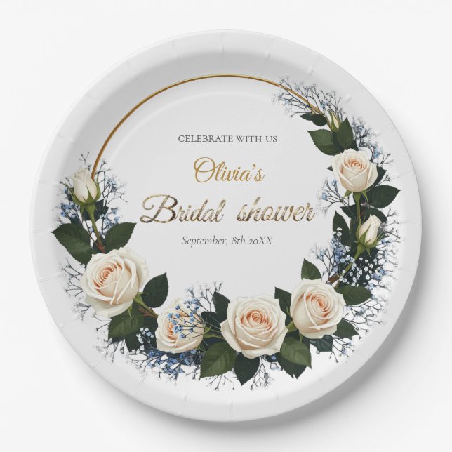 Prato De Papel White Roses & Blue Baby’s Breath Celebrate (Frente)