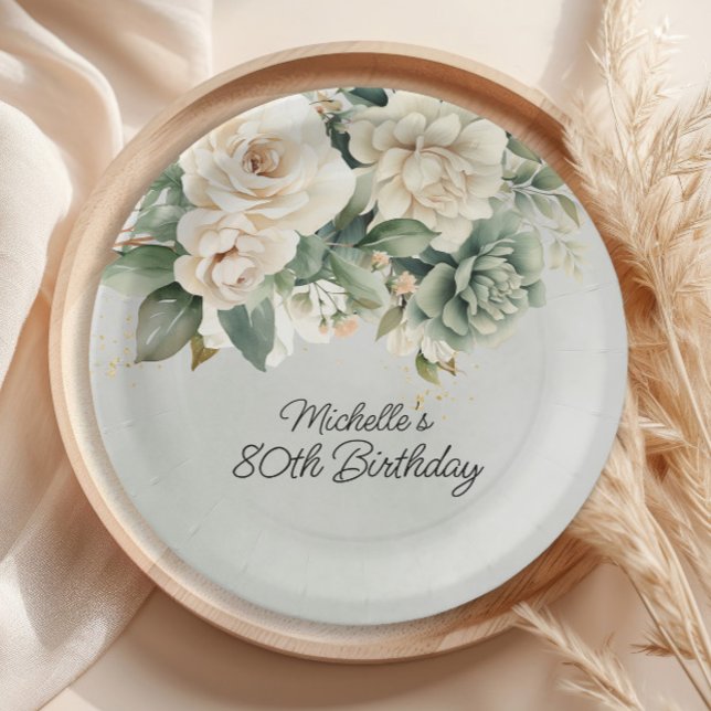 Prato De Papel White Sage Green Floral Dourado 80 Aniversário (White and sage green floral birthday party paper plates)