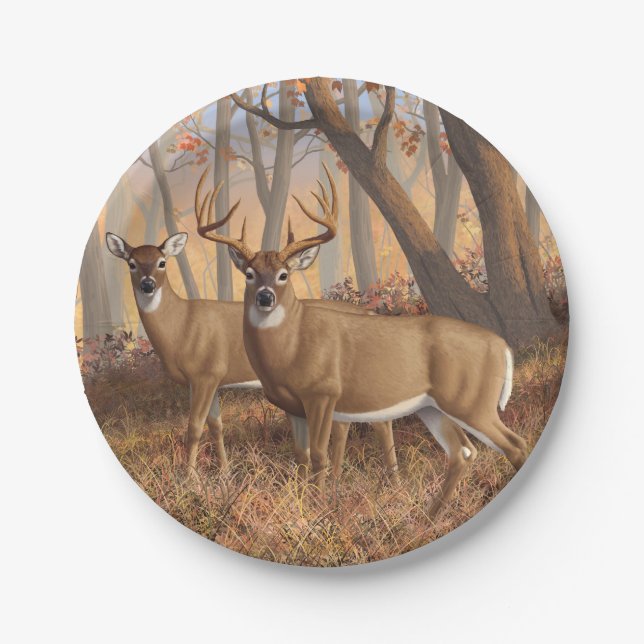 Prato De Papel Whitetail Deer Buck & Doe Autumn Mapods (Frente)