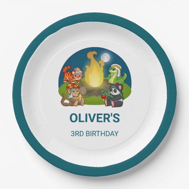 Prato De Papel Wild Animals Jungle Night Camping Birthday Party  (Frente)