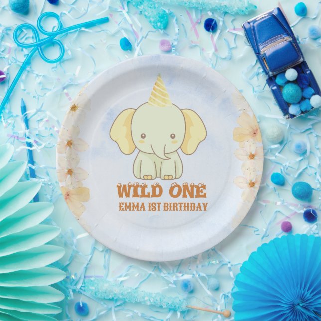 Prato De Papel Wild One Cute Elephant 1st Birthday  (Festa)