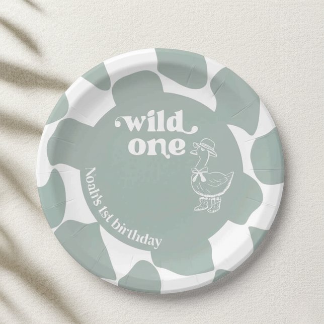 Prato De Papel Wild One Dapper Duck 1st Birthday Sage Green Check (Criador carregado)