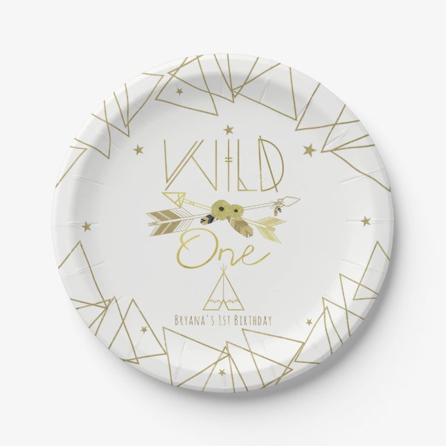 Prato De Papel WILD ONE Dourado & White Boho primeiro aniversario (Frente)