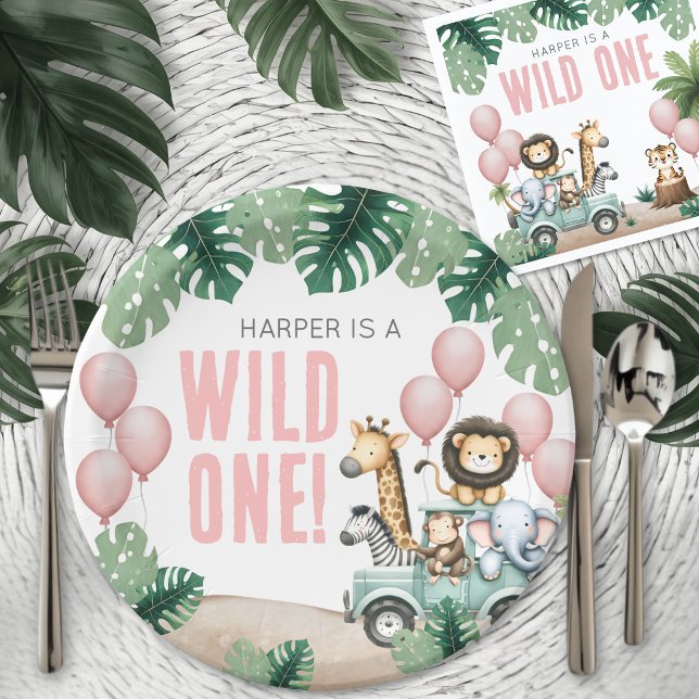 Prato De Papel Wild One Pink Safari 1st Birthday (Wild One Pink Safari 1st Birthday Paper Plates)