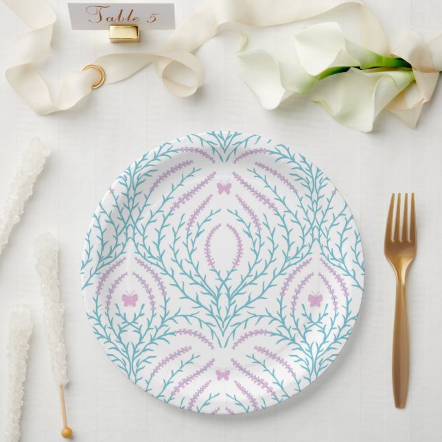 Prato De Papel Wild roses and butterflies /pink/pale green/yellow (Casamento)