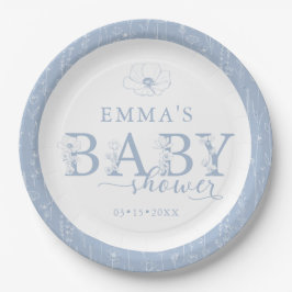 Prato De Papel Wildflower Baby Shower | Dusty Blue Floral Plate