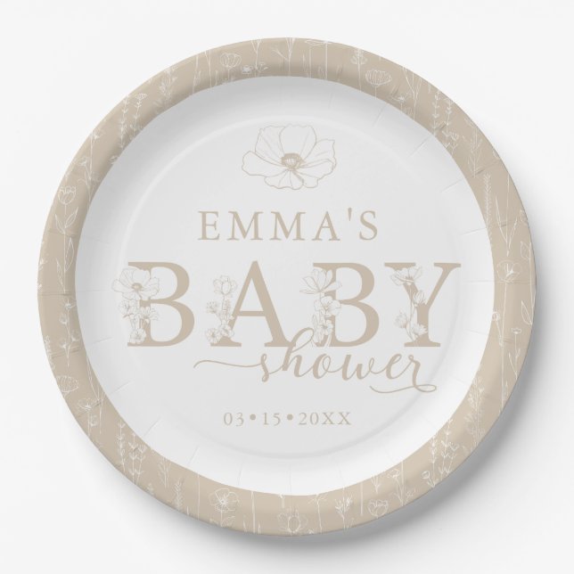Prato De Papel Wildflower Baby Shower | Taupe Floral Plate (Frente)