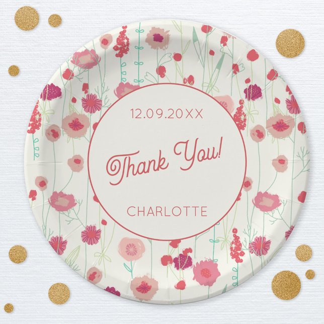 Prato De Papel Wildflower Floral Obrigado Nome Data (Wildflower pattern baby shower personalized paper plates)