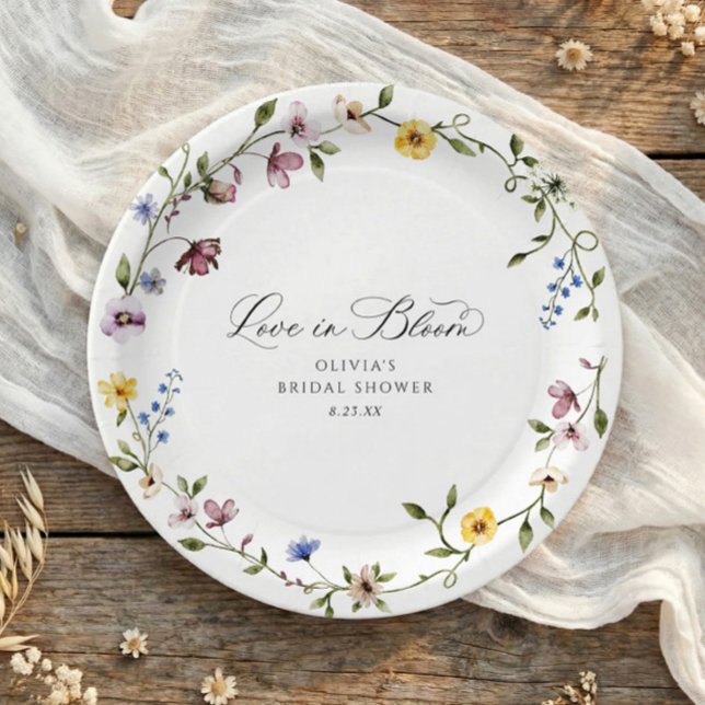 Prato De Papel Wildflower Love in Bloom Floral Bridal Shower (Personalized bridal shower paper plates with love is in bloom script and watercolor wildflowers)