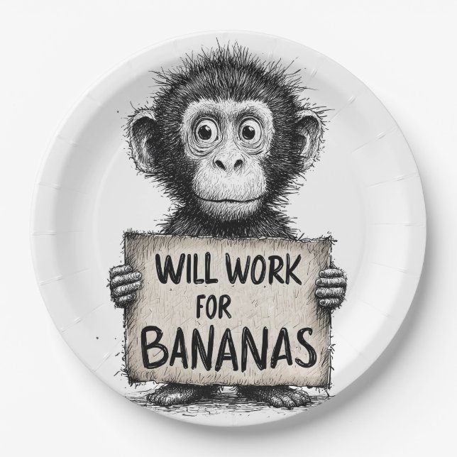 Prato De Papel Will Work for Bananas - Humorous Monkey Sketch (Frente)