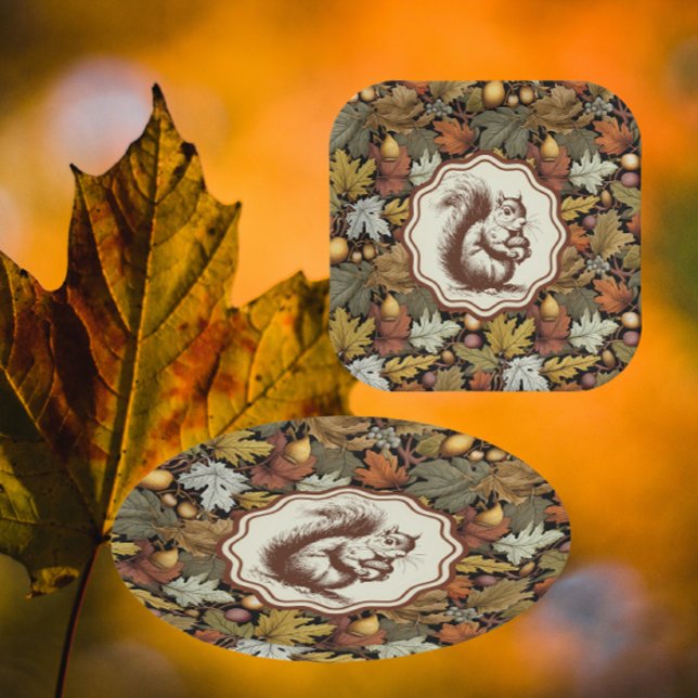 Prato De Papel William Morris Autumn Leaves com Esquilo Retro (Easy care paper plates for a Fall gathering)