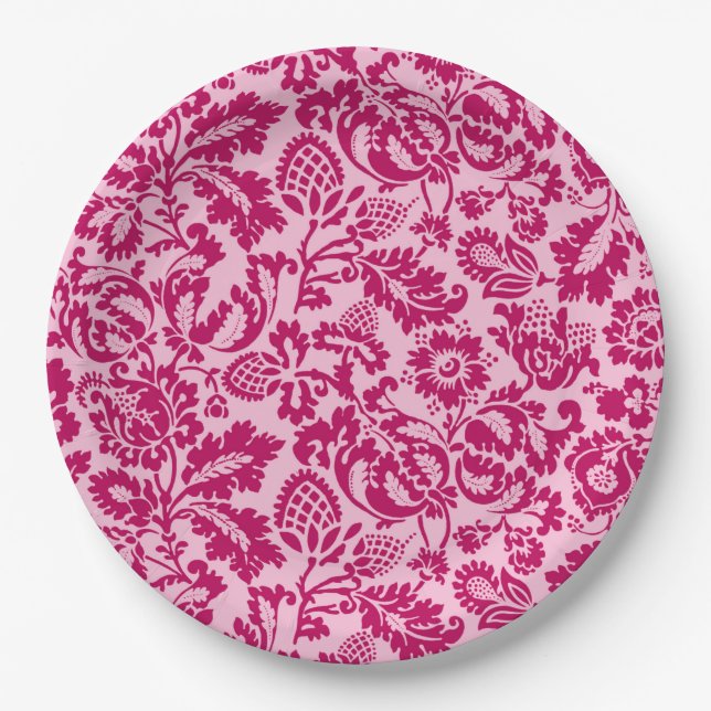 Prato De Papel William Morris Floral Damask, Fuchsia e Rosa (Frente)