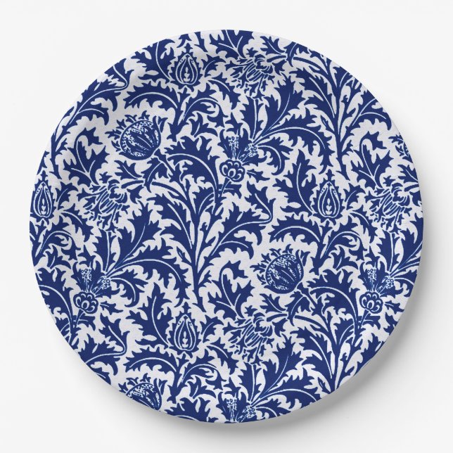 Prato De Papel William Morris Thistle Damask, Cobalto Azul e Bran (Frente)