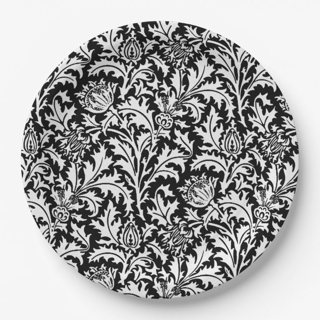 Prato De Papel William Morris Thistle Damask, Preto e Branco   (Frente)