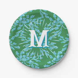 Prato De Papel Winding Peony Woodcut in Green + Aqua Personalized