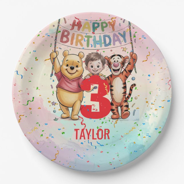 Prato De Papel Winnie the Pooh | Happy Birthday (Frente)
