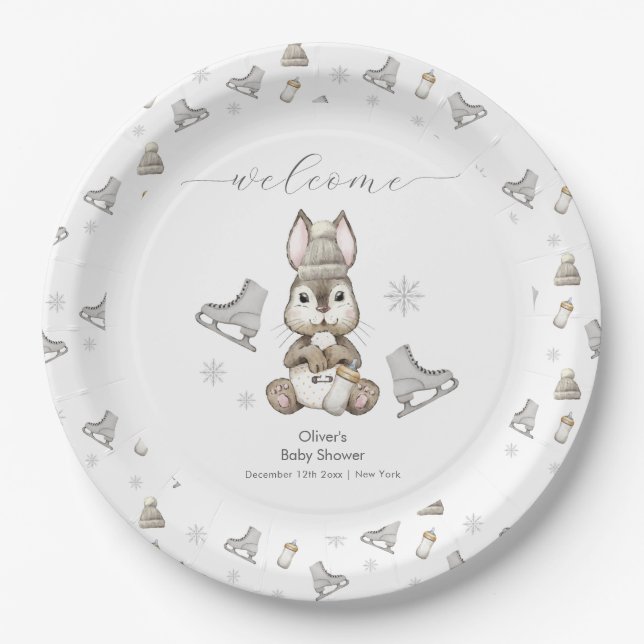 Prato De Papel Winter Bunny Ice Skate Baby Shower Welcome  (Frente)